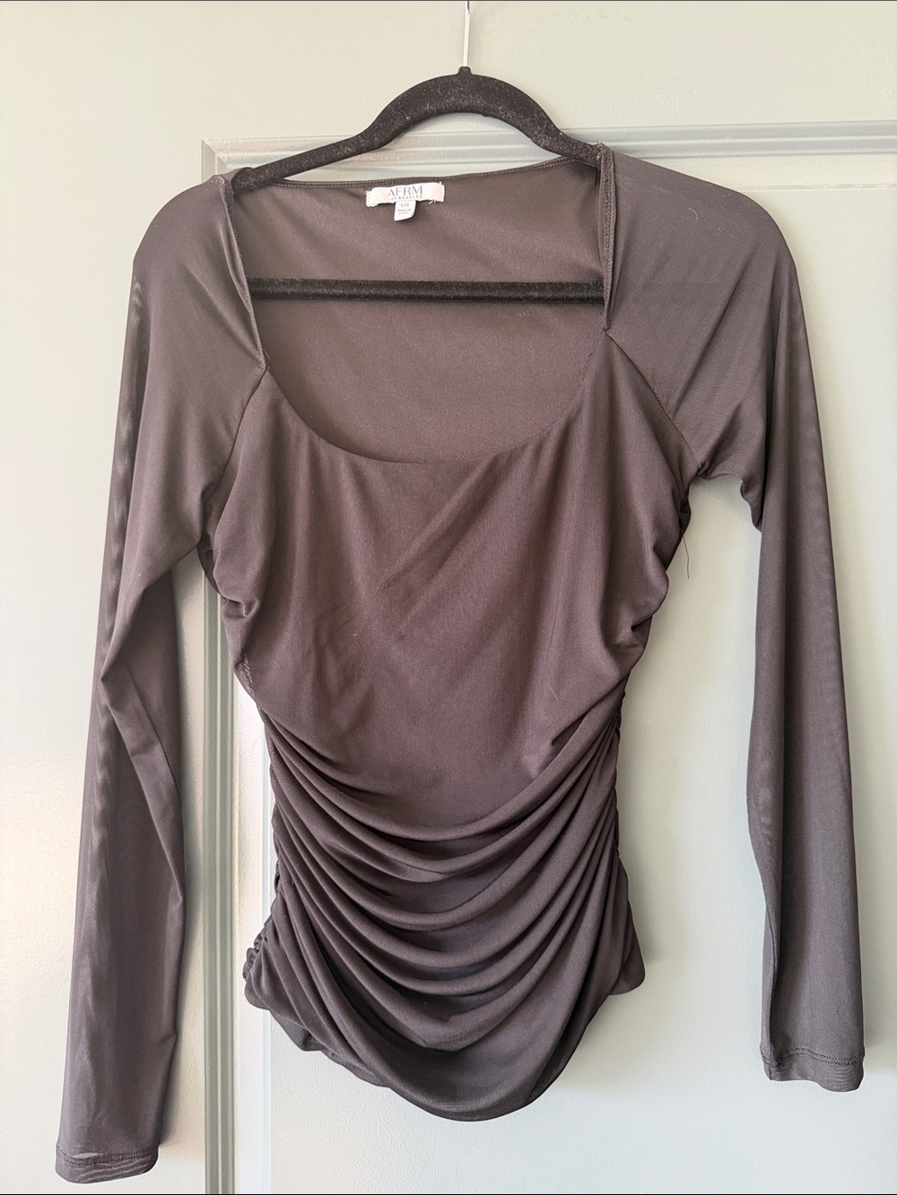 AFRM Women's Mesh Long-Sleeve Ruched Scoop Neck Top — Black